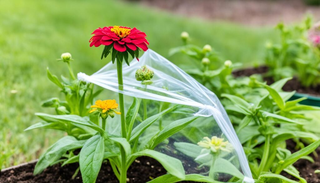 Bagging or caging zinnia buds