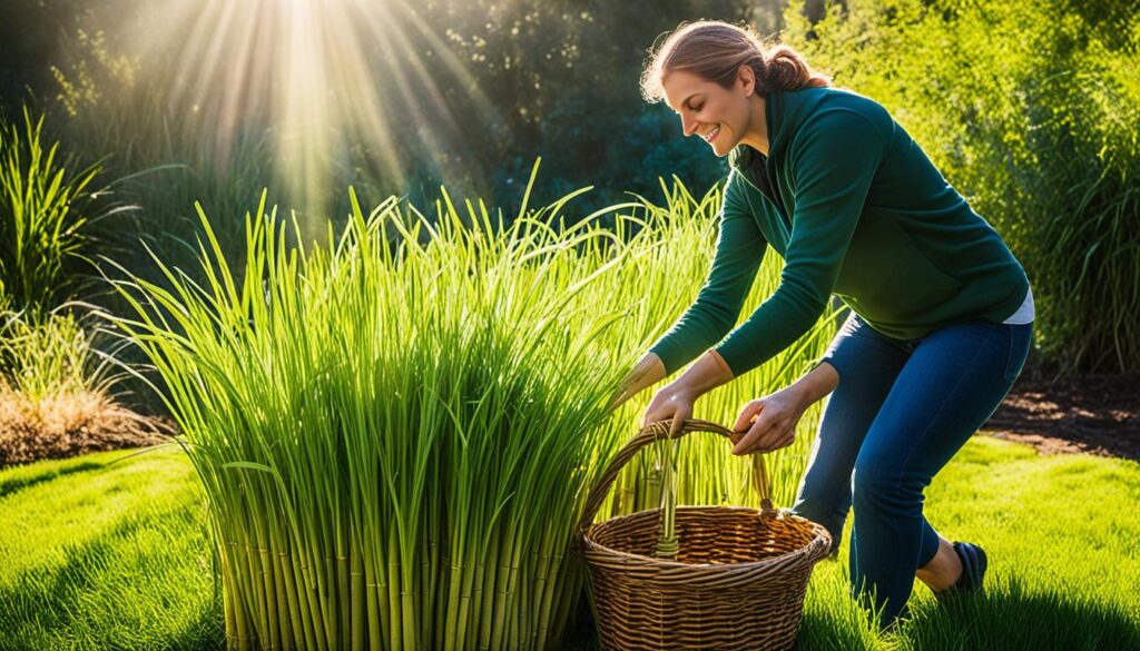 Harvesting lemongrass leaves